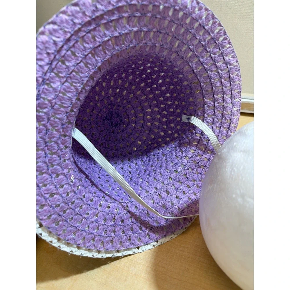 Girls White Purple Woven Straw Sun Hat Pink Flower Ribbon Accent Chin Strap